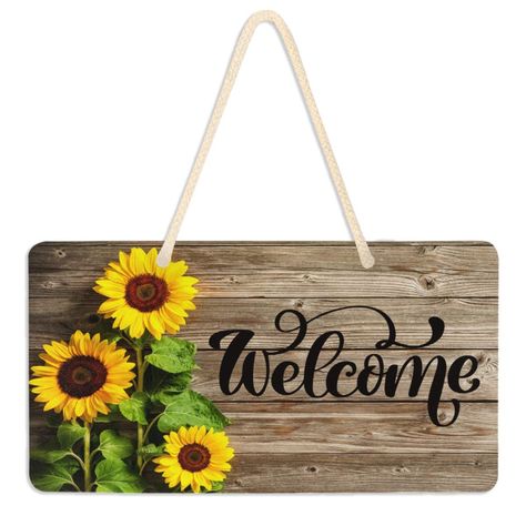 PRICES MAY VARY. PACKAGE & SIZE: Include 1pc door sign and hanging rope. Dimensions: 6 x 11 inch. Weight: 4.5 oz. Rope length: 18in. DESIGN: One side printed. Elegant and vivid color make for a timeless seasonal home decor. Nice door hanging decoration to brighten things up. Add an addition to your house or garden to welcome people in. MATERIALS: The door sign is made of lightweight PVC board, not wood board. It's waterproof and easy to clean. WIDELY USED: The wall plaque can be used indoor or o Welcome Wall Hanging, Garden Wall Plaque, Welcome Wall, Welcome Wood Sign, Beautiful Sunflowers, Bedroom Porch, Welcome Door Signs, Porch Wall, Wooden Front Doors