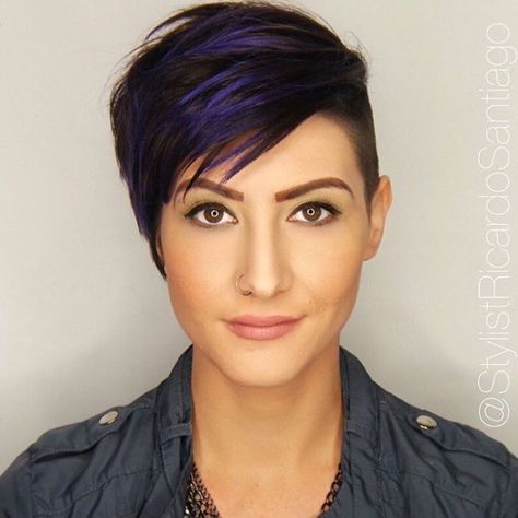 Brown Pixie Undercut With Blue Highlights Short Asymmetrical Haircut, Brown Pixie, Short Purple Hair, Pixie Undercut, Asymmetrical Haircut, Aeon Flux, Buzz Cuts, Asymmetrical Pixie, Asymmetrical Hairstyles