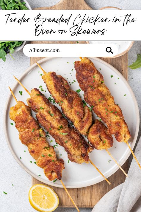 🍗✨ Enjoy Tender Breaded Chicken on Skewers, baked to perfection in the oven! This easy and delicious recipe features juicy chicken pieces coated in crispy breadcrumbs, making it a perfect option for family dinners or gatherings. Quick to prepare and loaded with flavor, these skewers are great served with your favorite dipping sauce or alongside a fresh salad. Perfect for meal prep or a fun dinner night! �🌟 #BakedChickenSkewers #EasyRecipes #FamilyDinner #QuickMeals #ChickenRecipes #OvenBaked Oven Breaded Chicken, Chicken On Skewers, Chicken Thigh Seasoning, Chicken In The Oven, Chicken Skewer Recipe, Chicken On A Stick, Fun Dinner, Chicken Pieces, Dinner Night