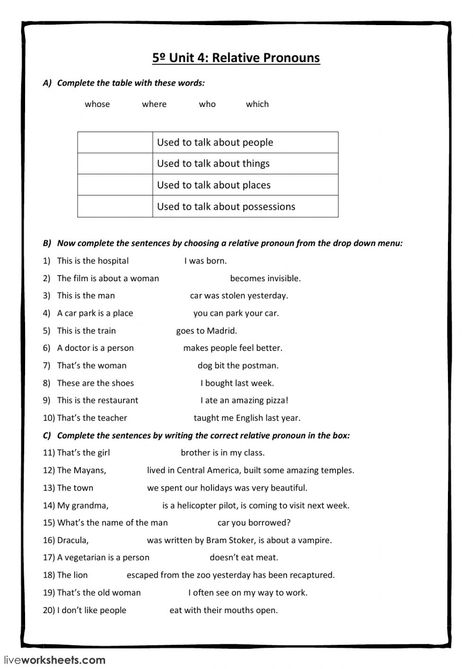 Whose Worksheet, Relative Pronouns Worksheet, Pronouns Exercises, Personal Pronouns Worksheets, Pronouns Worksheet, Adverbs Worksheet, Relative Clauses, Relative Pronouns, English Grammar For Kids