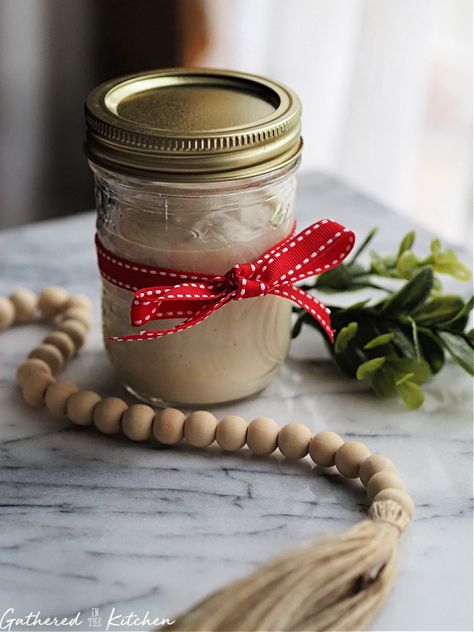 How To Gift Sourdough Starter | Gathered In The Kitchen Sourdough Starter Gift Basket, How To Gift Sourdough Starter, Sourdough Starter Kit, Gifting Sourdough Starter, Sourdough Starter Gift, Christmas Starters, Sourdough Bread Starter, Bread Starter, Homemade Stuff