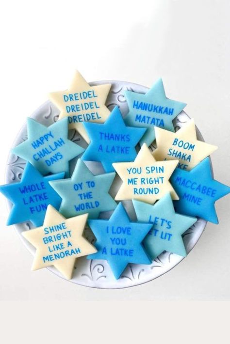 Hanukkah gifts 2022: Funny Marzipan Cookie Gift Box Hanukkah Sayings, Hanukkah Cookies, First Night Of Hanukkah, Hanukkah Food, Chanukah Party, Holiday Dinner Table, Fun Sayings, Custom Gift Cards, How To Celebrate Hanukkah