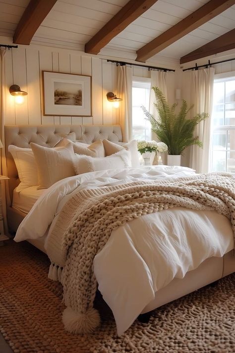 Brown Beige White Bedroom, Modern Master Bed Bedroom, White Boho Room Aesthetic, Crème And White Bedroom, Cream Bed Rooms Ideas, Master Bedrooms Decor Cozy Earthy, White Cream Bedroom Aesthetic, Neutral Themed Bedroom, Boho Main Bedroom