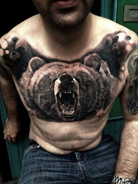 Grizzly bear tattoo Chest Tattoo Bear, Chest Tattoo With Meaning, Traditional Bear Tattoo, Grizzly Bear Tattoos, Bear Tattoo Designs, Optical Illusion Tattoo, Small Shoulder Tattoos, Mens Shoulder Tattoo, Bear Tattoos