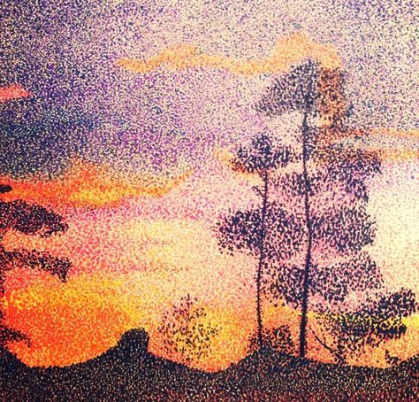 Pointillism sunset. Color marker pens on paper. Pointilism Art Colorful, Pointilism Art Ideas, Pointilism Art, Pointillism Painting, Pointalism Art, Art Ideas Easy, 7th Grade Art, Dotted Drawings, Stippling Art