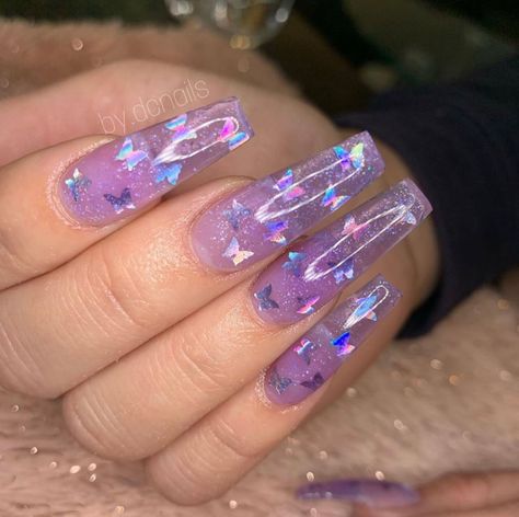 Purple Nails Clear, Clear Nail Designs With Glitter, Purple And Clear Acrylic Nails, Clear Purple Nails, Purple Holographic Acrylic Nails, Pink Purple Holographic Nails, Glitter Toe Nails, Clear Acrylic Nails, Holo Nails