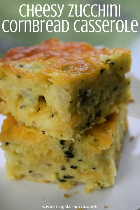 Cheesy Zucchini Cornbread Casserole Recipe | Drugstore Divas Corn Cheese Casserole, Zucchini Cornbread Casserole, Corn Muffin Mix Recipes, Muffin Mix Recipe, Zucchini Cornbread, Cornbread Casserole Recipe, Zucchini Recipes Dessert, Zucchini Casserole Recipes, Zucchini Corn