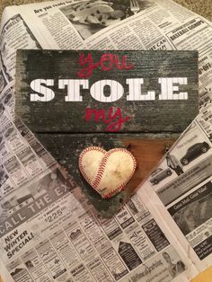 DIY baseball craft •reclaimed wood •card stock •old baseball •modge podge •spray adhesive •gorilla glue Baseball Cards Storage, Baseball Card Displays, Boyfriend Baseball, Baseball Card Template, Softball Crafts, Baseball Wedding, Baseball Crafts, Baseball Ideas, Baseball Room