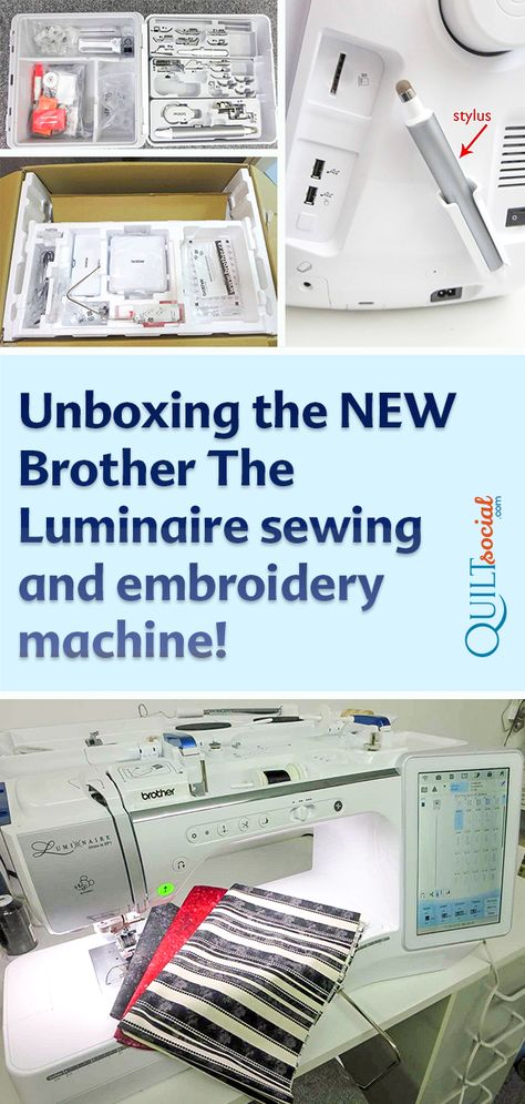 Unboxing the NEW Brother Luminaire - sewing and embroidery machine! Looking at the accessories, trying out the ¼” foot, and checking out the free pattern the next day. The excitement is strong! Brother Luminaire, Brother Dream Machine, Machine Embroidery Tutorials, Making Scarves, Sewing Products, Sewing And Embroidery, Brother Embroidery Machine, Brother Sewing Machines, Sewing Machine Embroidery