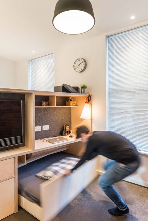 The guest bed is hidden under the bedroom floor in this micro apartment - Living in a shoebox Studio Apartment Furniture, Apartment Deck, Small Space Seating, Small House Furniture, Micro Apartment, Urban Apartment, Small Studio Apartment, Apartment Organization, Micro House