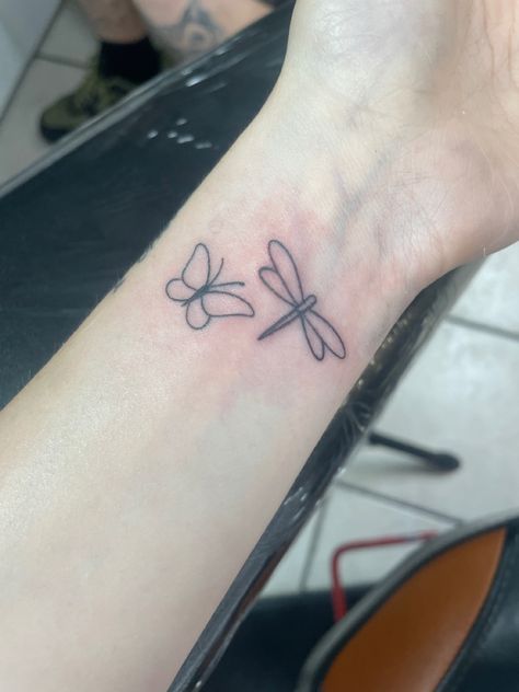 Dragonfly And Butterfly Tattoo Together, Dragon Fly And Butterfly Tattoo, Matching Dragonfly Tattoos, Dragonfly Butterfly Tattoo, Butterfly Dragonfly Tattoo, Butterfly And Dragonfly Tattoo, Dainty Matching Tattoos, Dainty Dragonfly Tattoo, Tattoos Dainty