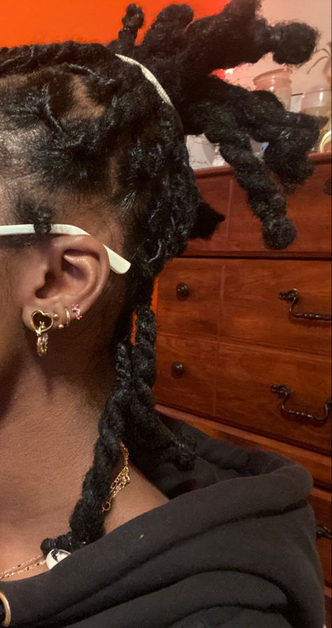 Gauges On Black Women, Stretched Ears Black Women, Thick Loc Hairstyles, Gauged Ears Women, Braid Out On Locs, Locs With Jewelry, 3 Lobe Piercings Ideas, Female Dreads, Stretched Ear Lobes