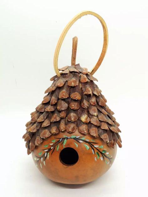 Gourd Art Birdhouse Pine Cone Petal Roof Hand Painted Leather Hanger Fairy Garde | eBay Cat Gourd, Gourds Diy, Leather Hanger, Fall Gourds, Hand Painted Birdhouses, Gorgeous Gourds, Chicken Bird, Gourds Birdhouse, Hand Painted Gourds