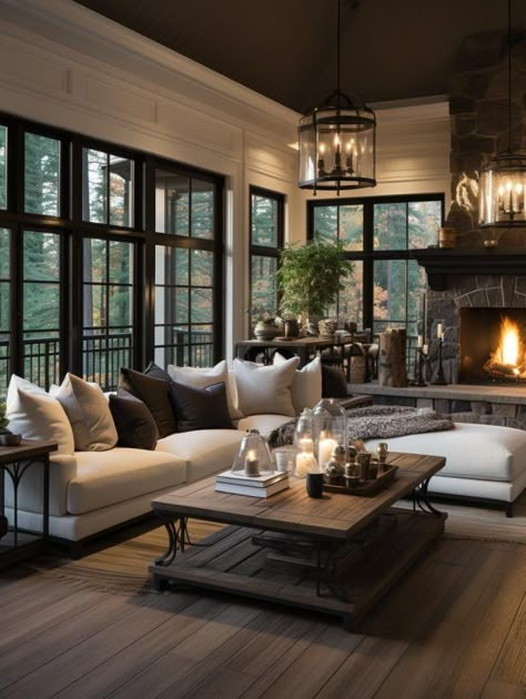 [ Lux - Envy ] Dark Accent Interior Design, Black Rustic Interior Design, Black Country House Interior, Cozy Living Rooms Black And White, Transitional Mountain House Interior, Living Room With Floor To Ceiling Window, Decorating With Vaulted Ceilings, Stained Wood Ceiling Living Room, Black Windows White Walls