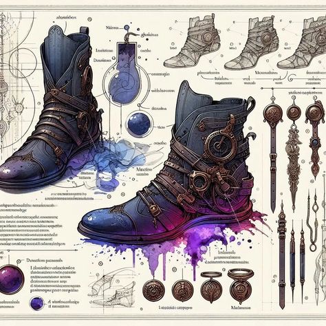 Page 117 - 120: "The Craft of Skillful Cobblers" My entry for @lunatopia._ 's Daily AI-art challenge for the 28:th of May: "shoes" 👠👞 #aiart #aiartwork #aiartcommunity #aisketch #aiconceptart #fantasy #fantasyart #fantasyitem #shoes #boots #heels #beastiary #fieldguide #lunatopiadailyai Dnd Boots Item, Dnd Boots, Rpg Items, Steel Boots, D D Items, Shoes Boots Heels, Shoe Designs, Boots Heels, Art Challenge