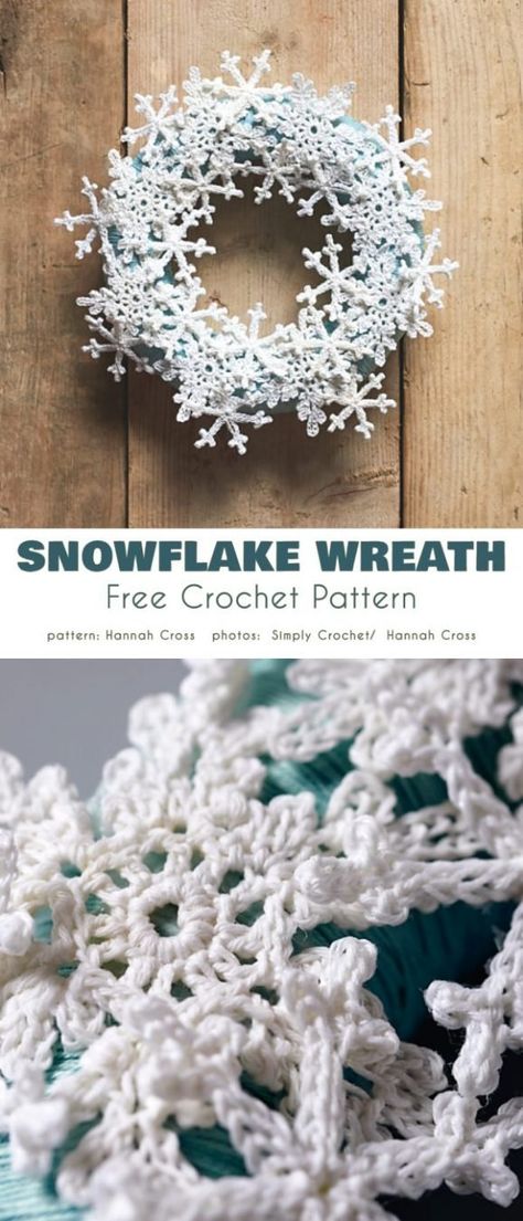 Snowflake Wreath Free Crochet Patterns A wreath with a frosty-looking layer of snowflakes will be a very simple and original idea for decorating your front door. It's a particularly good project if you have a colored door to underline the white of the snowflakes. Crochet Snowflake Wreath, Crochet Front Door Decor, Winter Wreath Crochet, Crochet Door Wreath Free Pattern, Winter Crochet Wreath, Crochet Winter Decor, Crochet Christmas Wreath Free Pattern, Crochet Wreath Pattern Free, Solstice Decorations