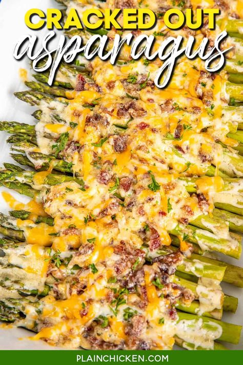 Cracked Out Asparagus - easy baked asparagus recipe loaded with cheddar, bacon, and ranch. Low-carb, keto-friendly, and gluten-free. Super simple to make with no prep time and ready to eat in under 30 minutes. Asparagus, mayonnaise, cheddar cheese, ranch dressing mix, and bacon. Serve this easy side dish with your favorite steak for a meal that is better than any restaurant. Add this to your menu ASAP! Asparagus With Cheese, Cracked Out, Easy Asparagus Recipes, Asparagus Casserole, Asparagus Recipes Baked, Asparagus Bacon, Baked Asparagus, Plain Chicken, Asparagus Recipe