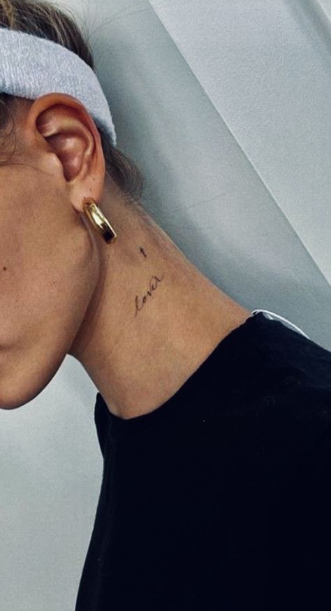 Neck Tattoo Script, Dainty Neck Tattoos, Love Neck Tattoo, Side Neck Tattoos Women Words, Tiny Neck Tattoos For Women, Simple Neck Tattoos For Women, Neck Tattoo Inspiration, Side Neck Tattoo Writing, Cursive Neck Tattoo