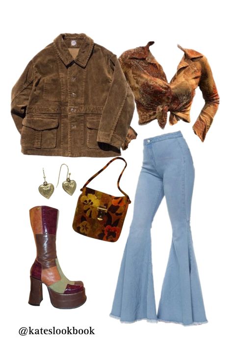 1970 Bell Bottom Outfits, 70s Fashion Polyvore, 1970s Boho Fashion, Hippe Outfit Aesthetic 70s, Boho Bar Outfit, Winter Bell Bottoms Outfit, 70s Aesthetic Fashion Outfit, 70s Club Fashion, 70s Festival Outfit