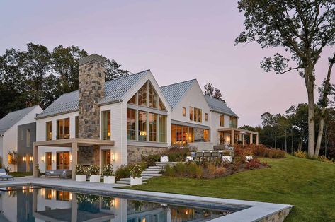 Tranquil Backyard, Backyard Waterfalls, Hilltop House, Open Kitchen Layouts, Lake Houses Exterior, Saltbox Houses, Shingle Style Homes, Waterfalls Backyard, Outdoor Dining Room