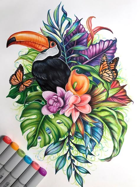 easy-flowers-to-draw-toucan-bird-flowers-butterflies-around-it-colored-drawing-white-background A Drawing, Tropical Flowers, To Draw, Butterflies, Flowers