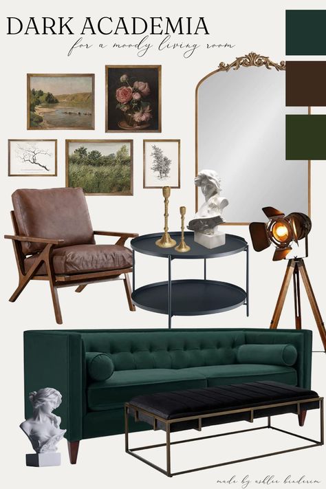 Dark Moody Decor Diy, Dark Academia Meets Modern, Cottagecore Academia Room, Amazon Dark Academia Decor, Mid Century Academia, Moody Academia Aesthetic, Dark Academia Cottagecore Living Room, Dark Academia Apartment Aesthetic Living Room, Minimalist Dark Academia Living Room