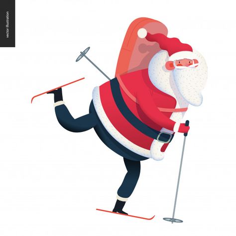 Sporting santa - skiing | Premium Vector #Freepik #vector Santa Skiing, Friday Illustration, Creepy Santa, Adobe Illustrator Design, Santa Art, Holiday Artwork, Santa Pictures, Illustrator Design, Christmas Illustrations