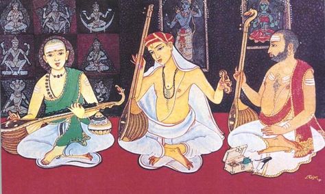 The trinity of Carnatic Music: Muthuswami Dikshitar,Thyagaraja and Shyama Sastri. Carnatic Music Painting, Carnatic Music Instruments, Carnatic Music, India Painting, Cake Kids, Indian Classical Music, Western Music, Indian Music, Music Painting