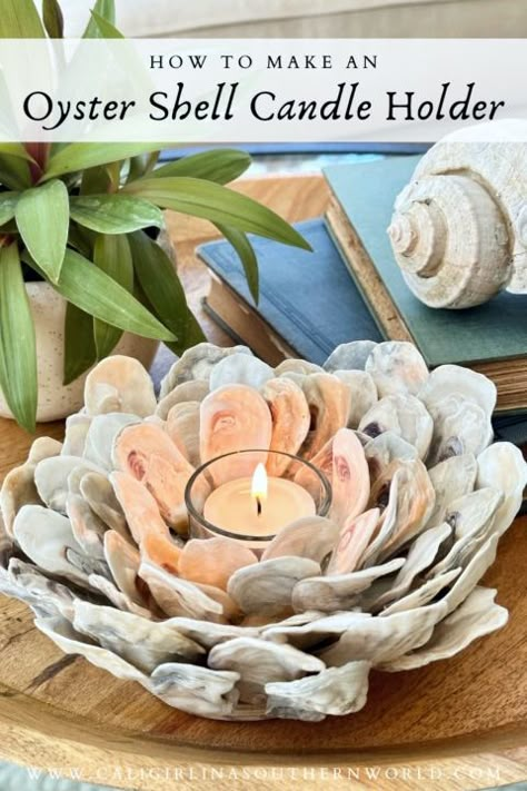 Oyster Diy Projects, Tealight Candle Holders Diy, Votive Holders Diy, Diy Oyster Shell Crafts, Seashell Candle Holder Diy, Oyster Diy, Diy Oyster Shell, Oyster Shell Candle, Oyster Shell Candle Holder