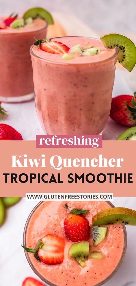 two smoothie glasses decorated with kiwis and strawberries Smoothie Recipes Kiwi, Kiwi Smoothie Recipes, Strawberry Kiwi Smoothie, Watermelon Smoothie Recipes, Tropical Smoothie Recipes, Watermelon Smoothie, Healthy Fruit Smoothies, Fruit Smoothie Recipes Healthy, Kiwi Smoothie