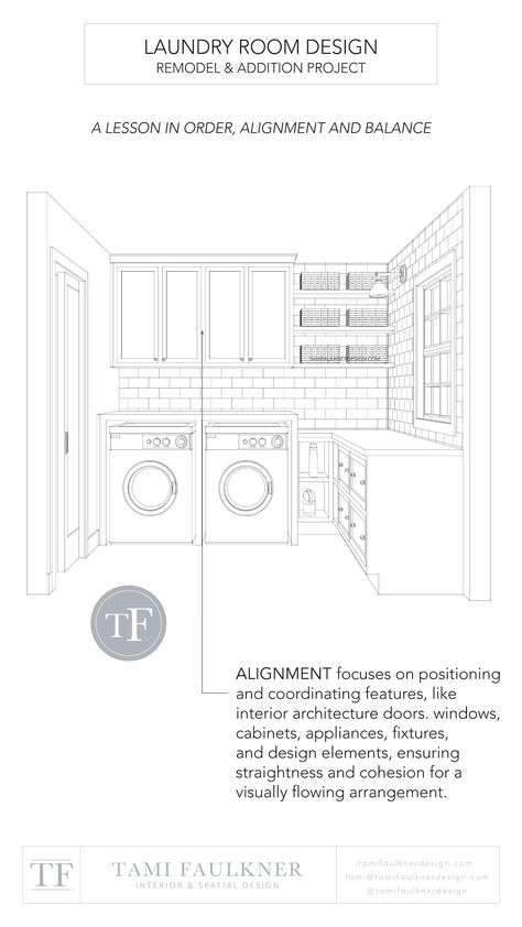 A DESIGN LESSON IN ORDER, ALIGNMENT AND BALANCE - SMALL LAUNDRY ROOM DESIGN — Tami Faulkner Design Laundry Room Layout Floor Plans, Dream House Sketch, Small Laundry Room Design, Compact Laundry Room, Laundry Room Floor, Tami Faulkner, Custom Laundry Room, Custom Floor Plans, Laundry Room Flooring