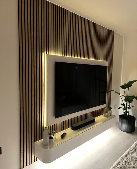 Wooden slat wall, wall panels & acoustic panels » WoodUpp Tv Wall Design Ideas, Entrance Tables, Floating Media Console, Wall Design Ideas, Feature Wall Living Room, Modern Tv Wall, Tv Panel, Wall Panel Design, Acoustic Wall Panels