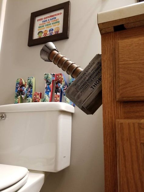 Avengers Bathroom, Marvel Bathroom, Lux Bathroom, Themed Bathroom Decor, Superhero Bathroom, Cool Toilets, Marvel Decor, Nerd Decor, Thor's Hammer Mjolnir