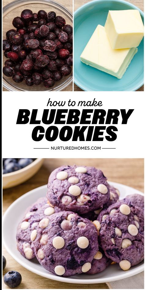 White Chocolate Blueberry Cookies - Nurtured Homes Cookie Recipes Blueberry, White Chocolate Blueberry Cookies, Homemade Cookies From Scratch, Easy Blueberry Cookies, Cookies With Blueberries, Blueberry White Chocolate Chip Cookies, Blueberry Cookies Recipes, Blueberry Cinnamon Rolls, Blueberry Pudding