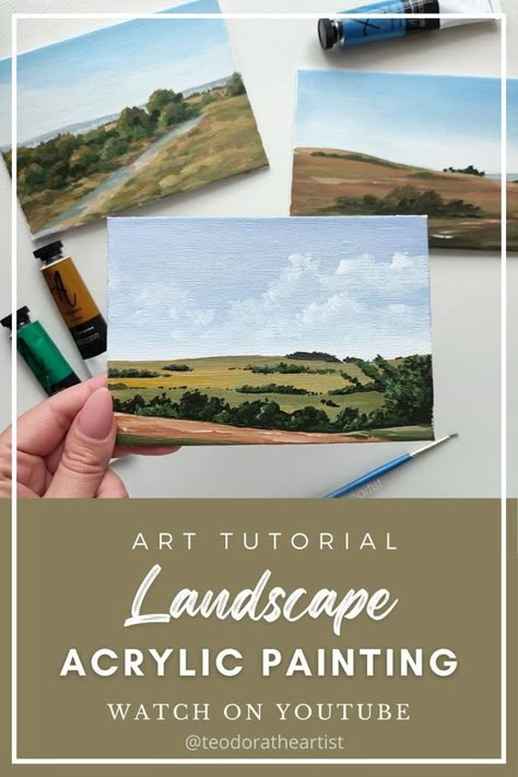 Beginner Acrylic Landscape Paintings, Simple Painted Landscapes, Countryside Acrylic Painting, Countryside Paintings Easy, Mini Landscapes Painting, Paint Sky Tutorial, Realistic Landscape Paintings Acrylic, Realistic Acrylic Painting Landscape, Easy Landscape Paintings Tutorials