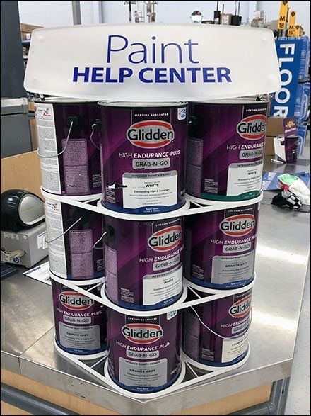 Paint Showroom, Paint Rack, Walmart Store, Gallon Of Paint, Walmart Home, Center Signs, Retail Displays, Kiosk Design, Counter Display