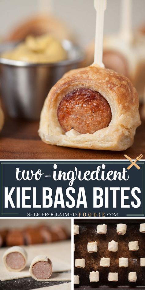 Appetizer Sausage, Kielbasa Bites, Horderves Appetizers, Two Ingredient, Party Appetizer, Puff Pastry Recipes, Dinner Appetizers, Kielbasa, Chicken Curry