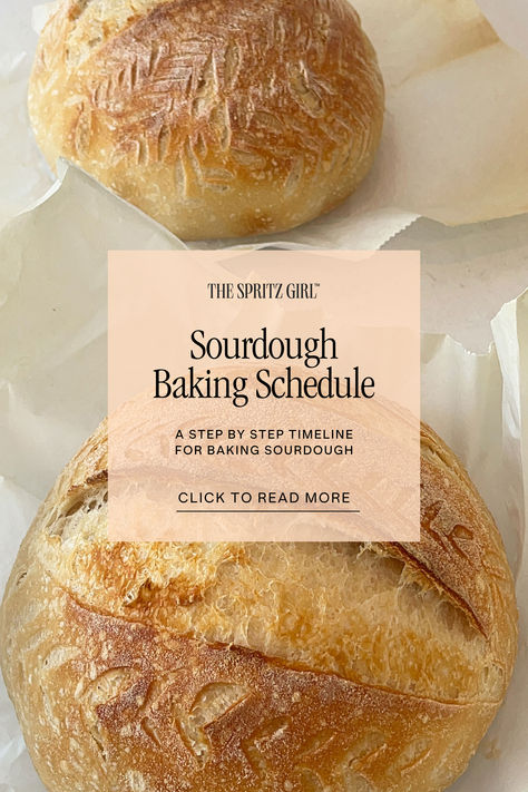 Looking for a solid sourdough bread schedule for baking? Or just not sure how long you should proof your sourdough bread on the counter, how long to put it in the fridge, stretch and folds, etc?  Today on The Spritz Girl Blog, I'm sharing the full schedule that I follow when baking sourdough bread. This will be dependent on your environment and the recipe that you use, but hopefully this will be a good starting point for you to use to help figure out the perfect baking timeline for you! Sourdough Bread Baking Timeline, Sourdough In Fridge, How To Fold Sourdough Bread, Sourdough Bread Making Schedule, How To Start Sourdough, Sunday Sourdough Schedule, Sourdough Schedule Ideas, Sourdough Baking Timeline, Sourdough Timeline Same Day