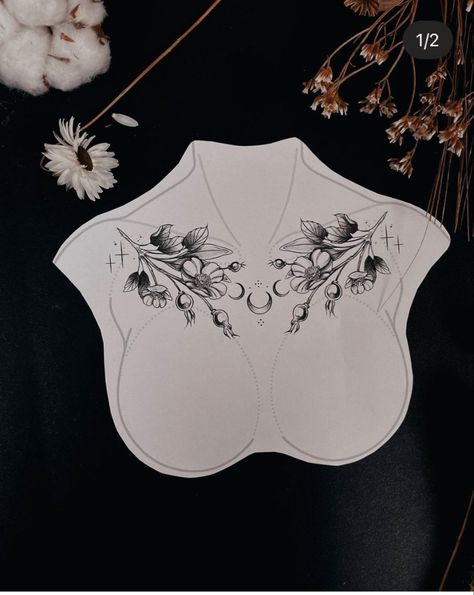 Unique Tattoos Sternum, Feminin Chest Tattoo, Emo Chest Tattoo Female, Chest Piece Tattoos For Women Unique, Outer Forearm Tattoos Women Flower, Unique Collarbone Tattoos For Women, Womans Chest Tattoo, Witchy Chest Tattoo Female, Gothic Hip Tattoo