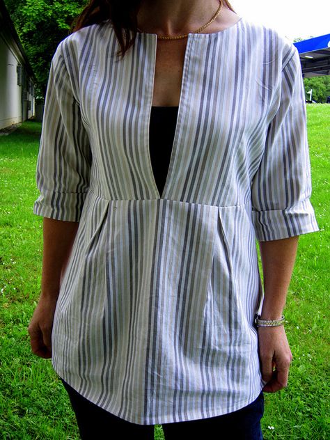 schoolhouse tunic | My fourth? I love this pattern. Blogged … | Flickr Diy Clothes Refashion Dress, Refashion Dress, Upcycled Shirt, Mens Shirt Refashion, Diy Clothes Refashion, Sewing Tops, Repurposed Clothing, Trendy Sewing, Shirt Refashion