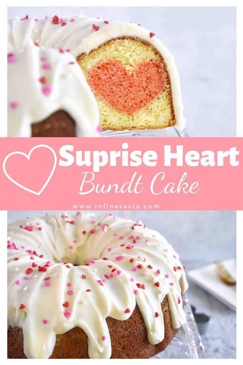 Valentine Loaf Cake, Valentines Bunt Cakes, Valentine’s Day Bundt Cake, Hidden Heart Cake, Heart Shaped Bundt Cake, Valentine Bundt Cake Recipes, Valentines Bundt Cake, Layered Bundt Cake, How To Frost A Bundt Cake