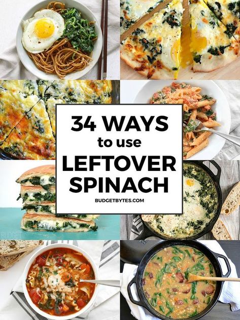 Fresh spinach is a nutritious and versatile ingredient, but it can be difficult to use before it goes bad. Here are 34 ways to make sure all of your leftover spinach gets used! Leftover Spinach, Cooking Tuna Steaks, Cook Fresh Spinach, Cooking Light Recipes, Cooking A Roast, Budget Bytes, Single Leaf, Vegetarian Breakfast Recipes, How To Cook Asparagus