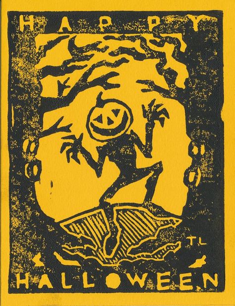 Halloween Vintage Illustration, Linoleum Carving Ideas Block Prints, Wood Cut Printmaking, Halloween Lino Print, Spooky Linocut, Halloween Printmaking, Halloween Linocut, Linoleum Print Ideas, Screen Printing Ideas