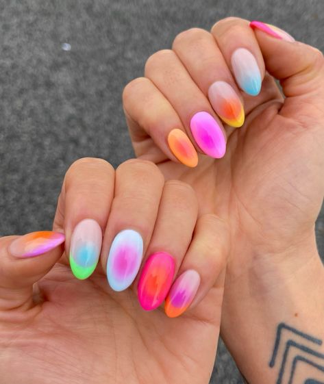 Rainbow Aura Nails Nails Ideas Rainbow, Pride Nails Designs, Acrylic Short Nails, Pride Nails, Faded Nails, Cute Finger Tattoos, Minnie Mouse Nails, Aura Nails, Fall Manicure