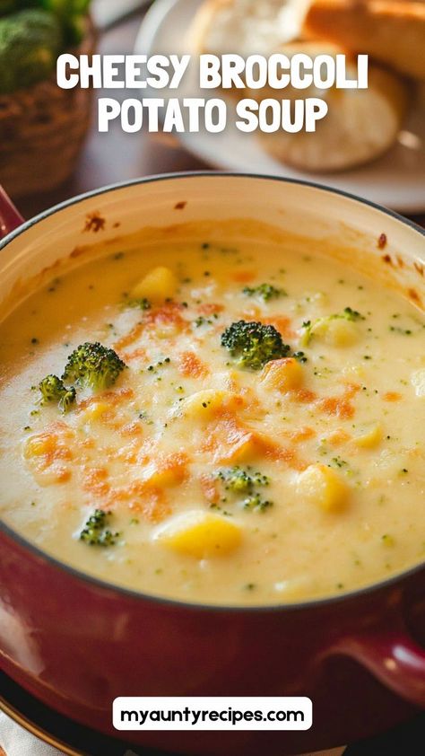 Creamy, cheesy, and loaded with tender potatoes and broccoli, this soup is the ultimate comfort food for fall recipes. Perfect for cozy dinners, it’s rich, hearty, and incredibly easy to prepare. Garnish with shredded cheese and crispy bacon for an extra indulgent touch. Cheesy Broccoli Potato Soup, Broccoli Cheese Potato Soup, Cheesy Vegetable Soup, Cheese Broccoli Soup, Potato Broccoli Soup, Cheesy Broccoli Potatoes, Broccoli Potato Cheese Soup, Potato Cheese Soup, Potato Cheddar Soup