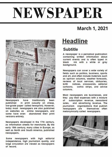 Get a Free Simple Newspaper Template in a few clicks. Download our newspaper template for Google Docs, edit and print it or use digital form. Newspaper Template Editable, Newspaper Article Template, Blank Newspaper, Newspaper Format, Pashmina Saree, Article Template, Google Doc Templates, Newspaper Report, Newspaper Layout