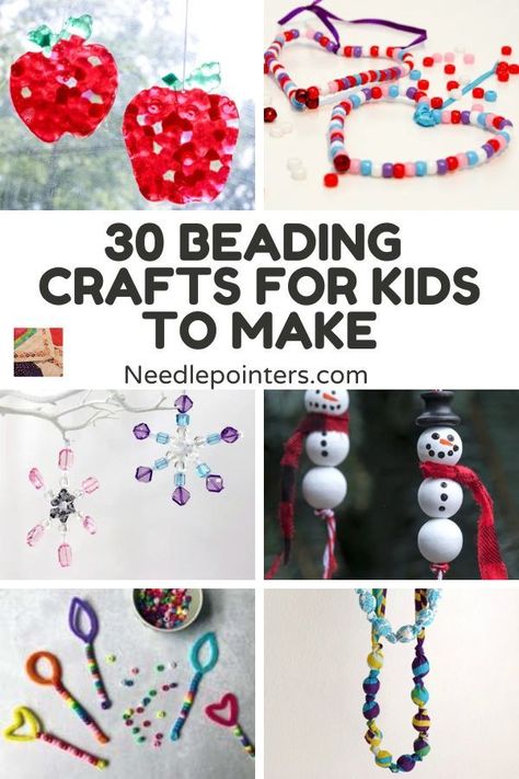 Ready for beading with kids? This collection has many jewelry crafts for kids, ideas for how to string beads, beaded ornaments, and many other bead arts and crafts. Preschool Crafts With Beads, Kids Crafts With Beads, Bead Projects For Kids, Diy Crafts With Beads, Bead Ideas Crafts, Jewelry Crafts For Kids, Bead Crafts For Kids, Easy Kids Projects, Beads Craft Kids