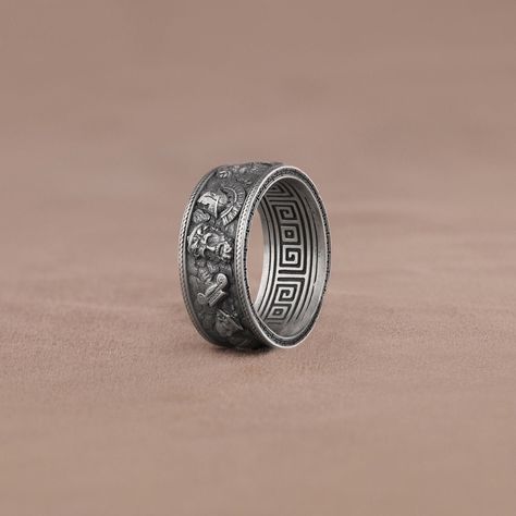 Antique Greek Olympus Gods Statue Ruins Meander, Sterling Silver Ring   Oxidized Greek Mythology Ring, Handmade Ancient Greece Memorial Gift  This antique Greek Olympus god ring is perfect for daily wear. It is crafted from fine 925K silver and has the most intricate details that are sure to catch the eye of anyone who sees it.  These 925K Sterling Silver wedding band ring photos are taken with original and every item has handmade engraving details. ✅ Handcrafted with love and joy, this ring wil Unique Male Rings, Greek Wedding Ring, Greek Mythology Rings, Men’s Silver Rings, Men With Rings, Men’s Ring, Men’s Rings, Men’s Jewelry, Men Rings Aesthetic