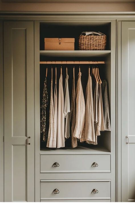 Organized wardrobe with hanging clothes, a wicker basket, and a box on the shelf above. Wardrobe Diy, Design A Bedroom, Minimalist Storage, Organizational Hacks, Diy Wardrobe, Relaxing Space, Custom Storage, Affordable Decor, Clever Storage Solutions