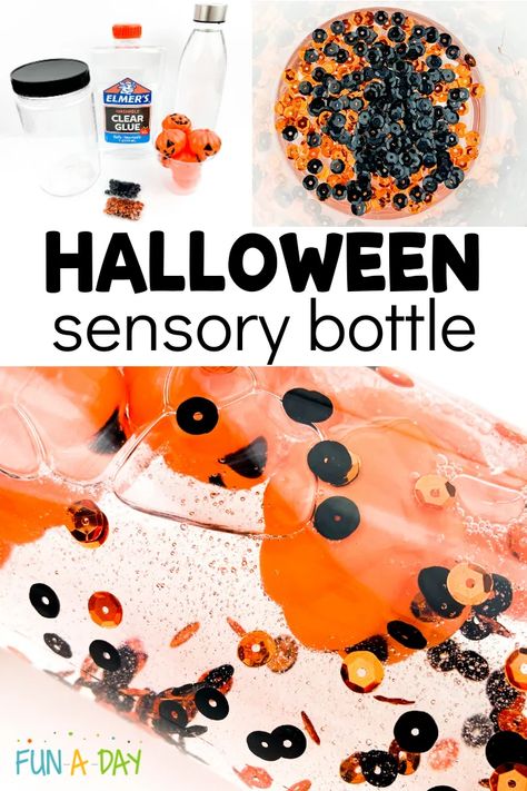 Halloween Sensory Bottle with Floating Jack-O-Lanterns | Fun-A-Day! Halloween Sensory Bottles, Pumpkin Lesson Plans, Sensory Bottles For Toddlers, Pumpkin Lessons, Halloween Lesson Plans, Halloween Activities For Toddlers, Halloween Activities Preschool, Halloween Lesson, Halloween Books For Kids